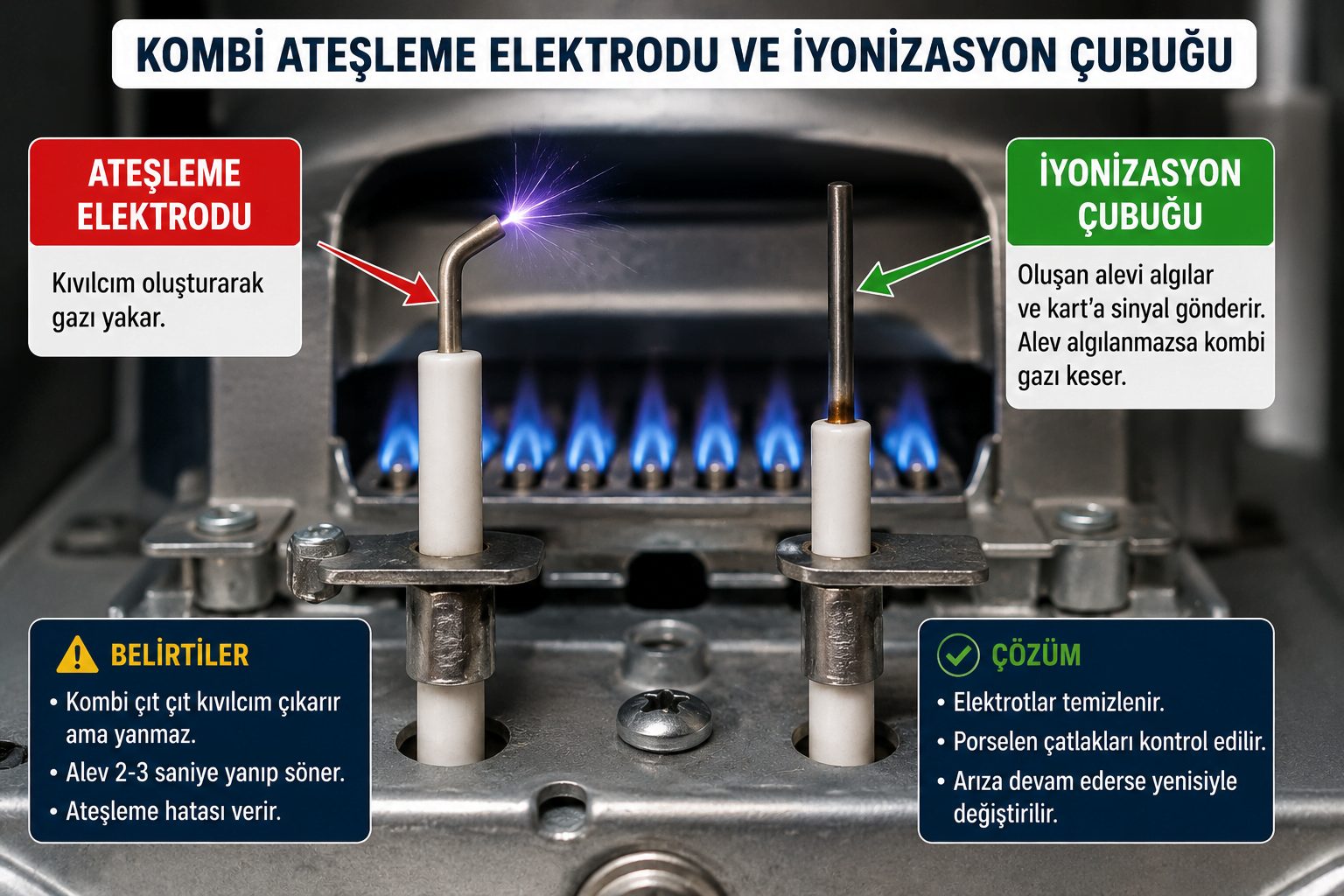 (Görsel: Kombi içerisinde kıvılcım çıkaran ateşleme elektrodu ve alevi algılayan iyonizasyon çubuğu)
