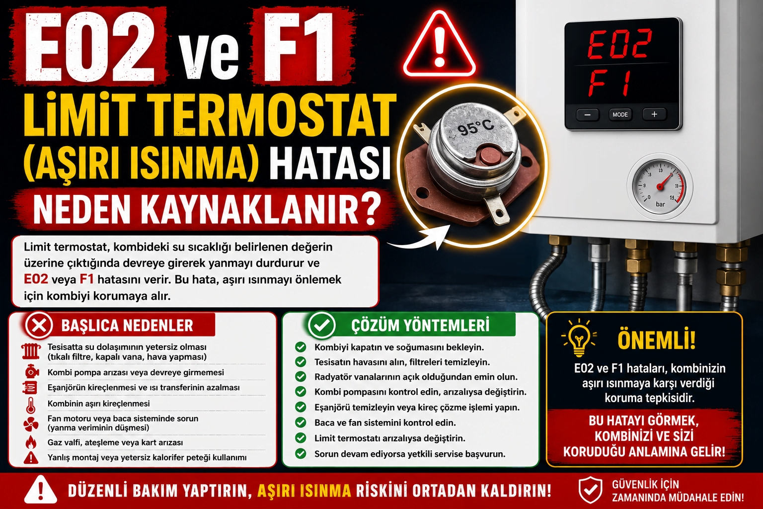 E02, F1 ve E9 aşırı ısınma hatası neden gelir? Limit termostatın görevi, tıkalı filtre, kapalı petek vanası ve pompa 