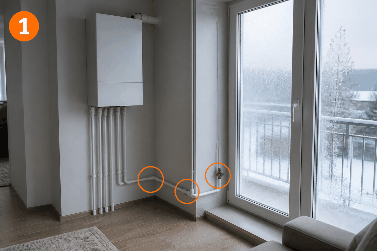 Evde donma riski taşıyan boru bölgeleri: dış duvar hatları, balkon geçişi, su girişi
