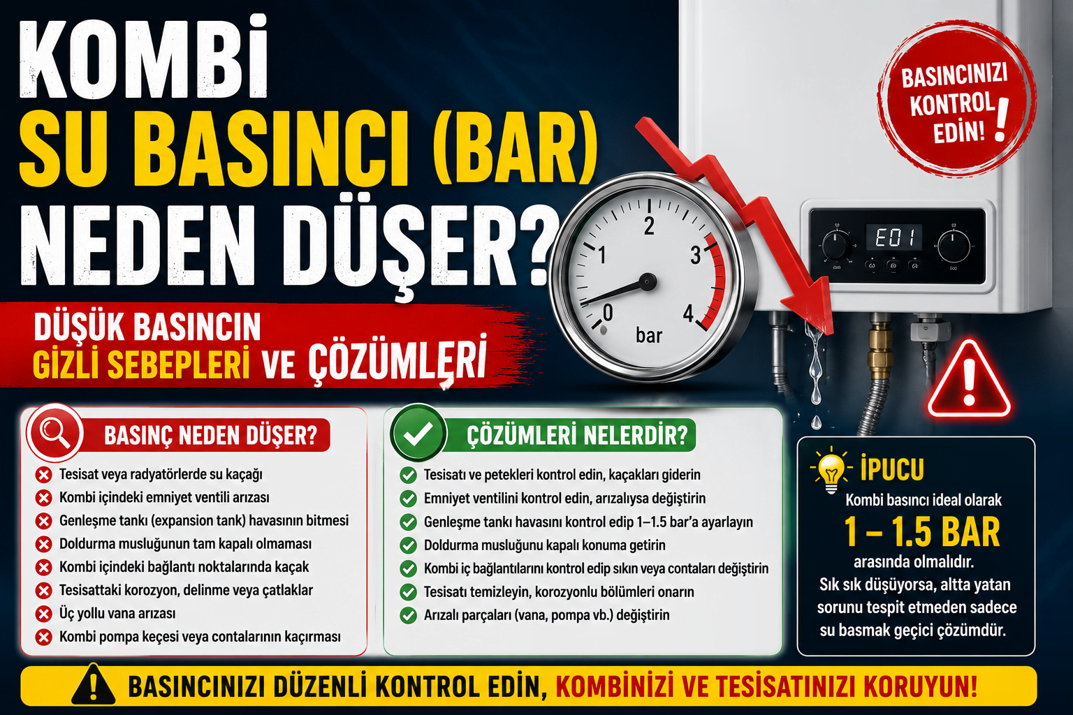 Kombi Su Basıncı (Bar) Neden Düşer? Düşük Basıncın Gizli Sebepleri ve Çözümleri