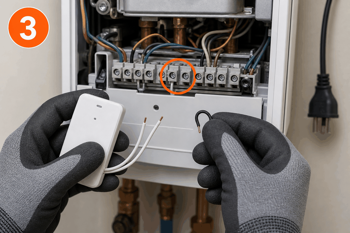 Kombi termostat girişindeki köprü telinin çıkarılıp alıcının bağlanması