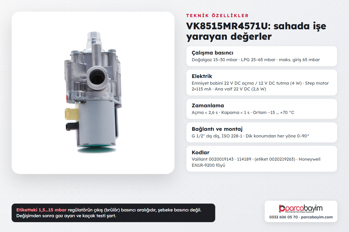 Honeywell VK8515MR4571U teknik değerler: basınç, elektrik, zamanlama, bağlantı ve parça kodları