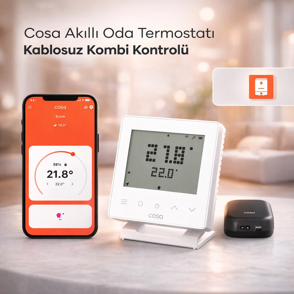 Cosa Akıllı Wifi Kombi Oda Termostatı V5 Kablosuz Kontrol ile Beyaz Renk Dijital Ekran Özellikli  Kombi Yedek Parça