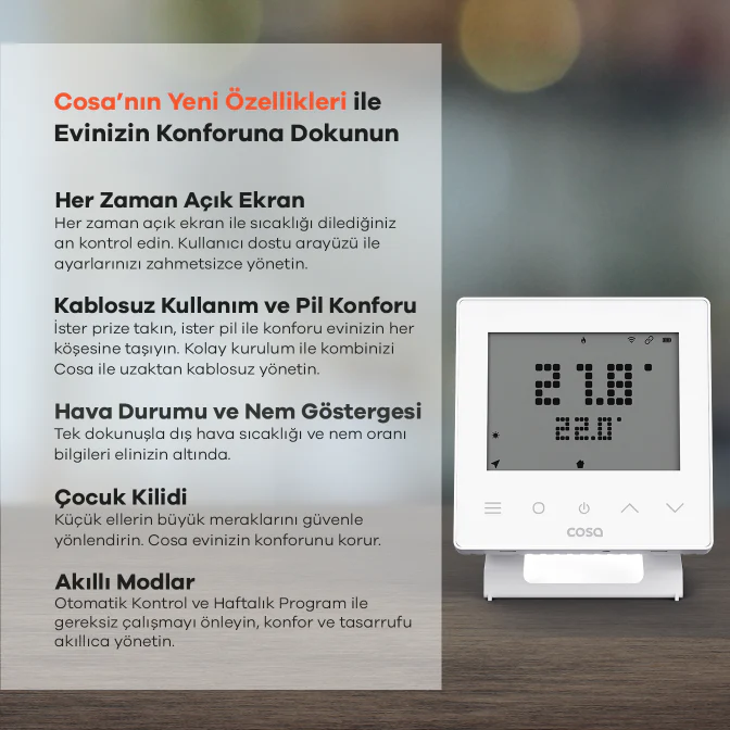 Cosa Akıllı Wifi Kombi Oda Termostatı V5 Kablosuz Kontrol ile Beyaz Renk Dijital Ekran Özellikli  Kombi Yedek Parça ürün görseli 2