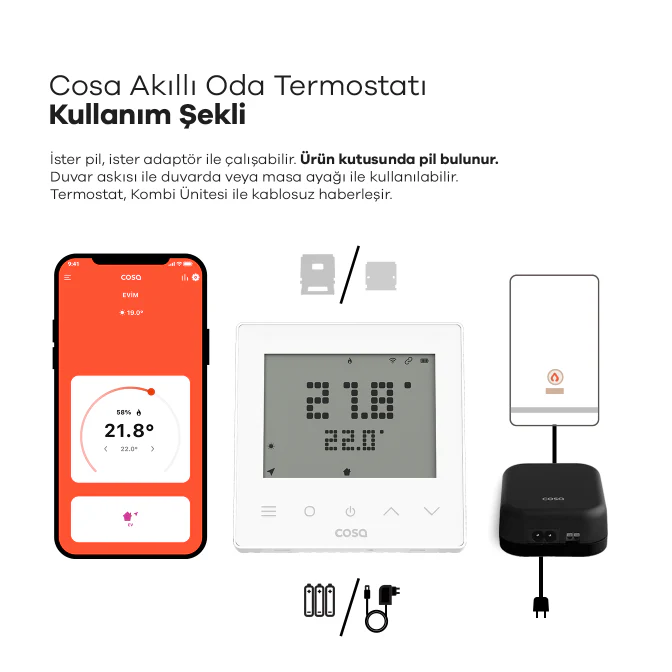 Cosa Akıllı Wifi Kombi Oda Termostatı V5 Kablosuz Kontrol ile Beyaz Renk Dijital Ekran Özellikli  Kombi Yedek Parça ürün görseli 4