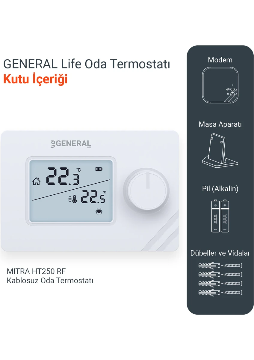 General Life Mitra HT250 Rf Kablosuz Dijital Oda Termostatı  Kombi Yedek Parça ürün görseli 3