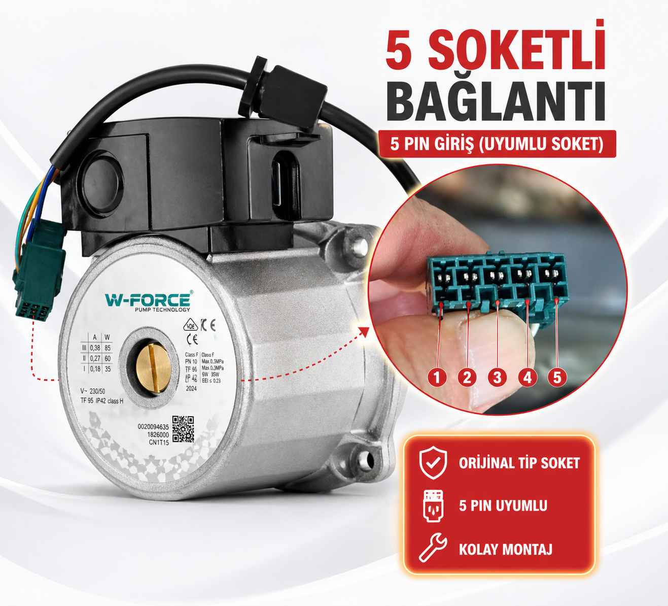 Motor Vaillant Condens Wilo Type 5 Pın Data Kablo Pompa Motor w-Force Dps 15/50 Motor 82w vpar sl16/6 wilo  Kombi Yedek Parça ürün görseli 2
