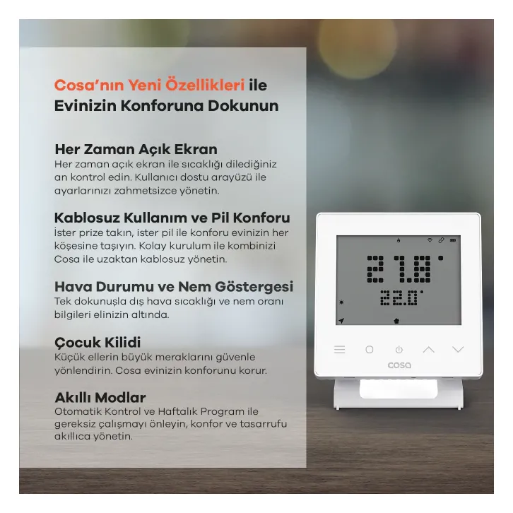 Cosa Akıllı Oda Termostatı Kablosuz Kombi Kontrolü V5 Beyaz Cosa Akıllı Oda Termostatı Kablosuz Kombi Kontrolü V5 Beyaz - 2. görsel
