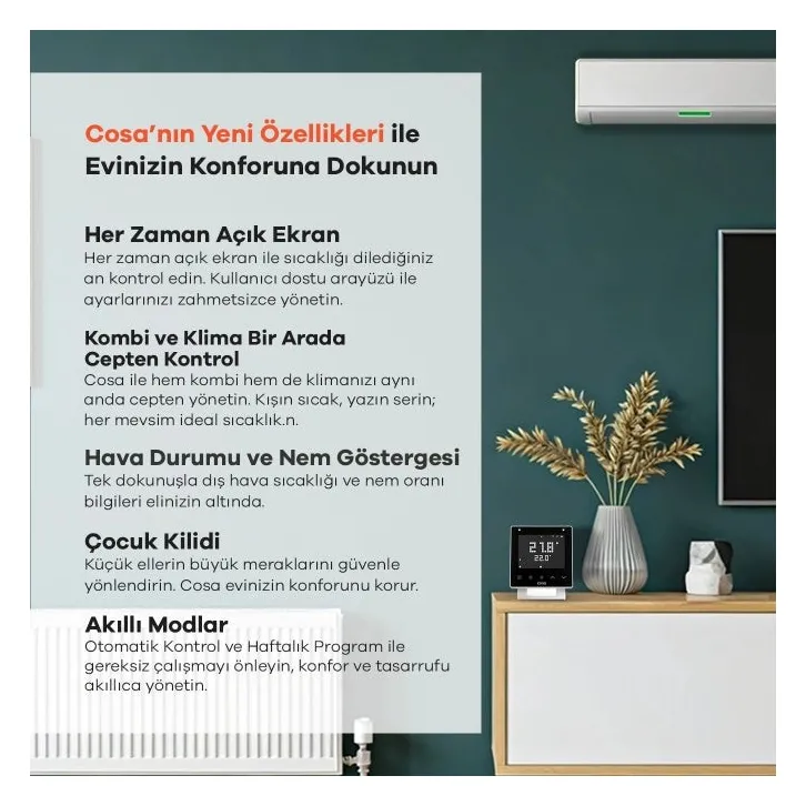 Cosa Akıllı Oda Termostatı Kablosuz Kombi ve Klima Kontrolü V5 Beyaz Cosa Akıllı Oda Termostatı Kablosuz Kombi ve Klima Kontrolü V5 Beyaz - 3. görsel