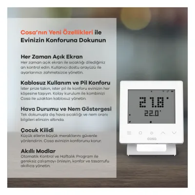 Cosa Akıllı Oda Termostatı Kablosuz Kombi Kontrolü V5 Beyaz 2