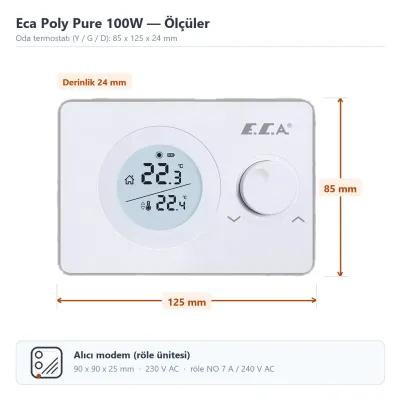 Eca Poly Pure Kablosuz Oda Termostatı On/Off 100W 2