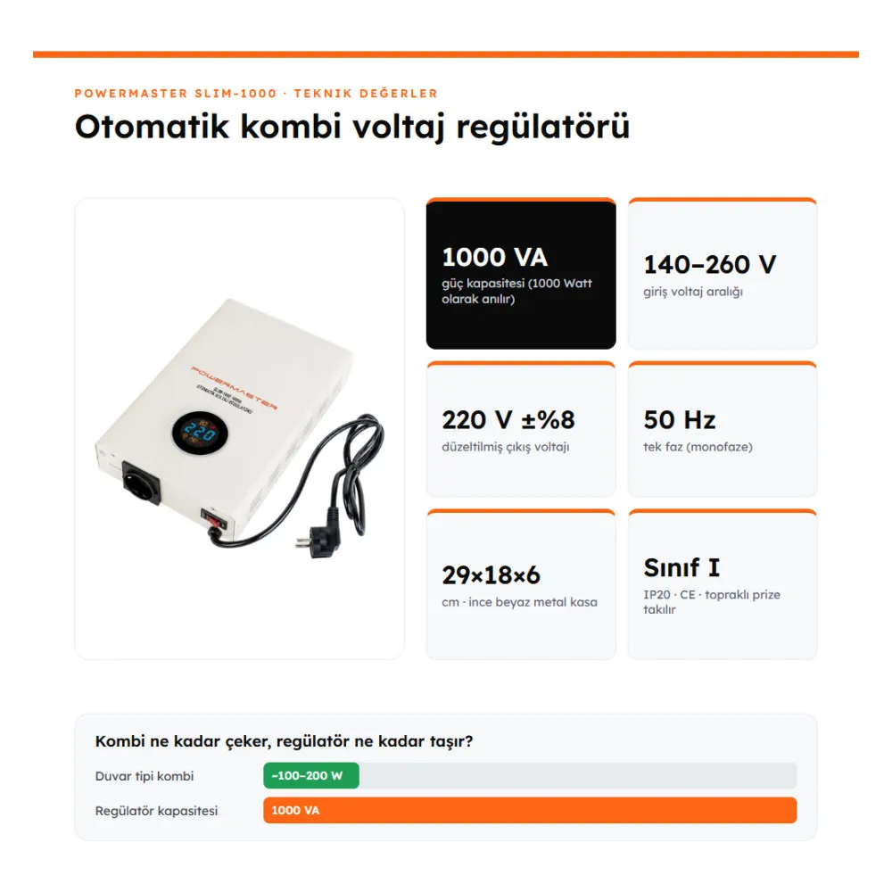 Powermaster SLIM-1000 Otomatik Kombi Voltaj Regülatörü 1000 VA Powermaster SLIM-1000 Otomatik Kombi Voltaj Regülatörü 1000 VA - 5. görsel
